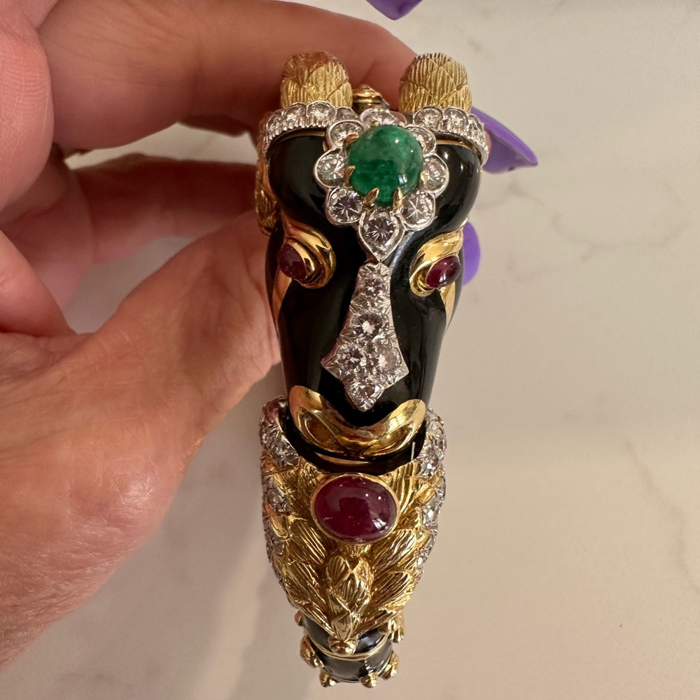 David Webb Vintage Rams Head Bracelet in 18k with black enamel, ruby and diamond